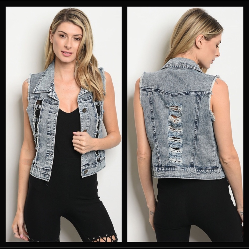 Denim Faded Distressed Vest - Picture 3 of 6